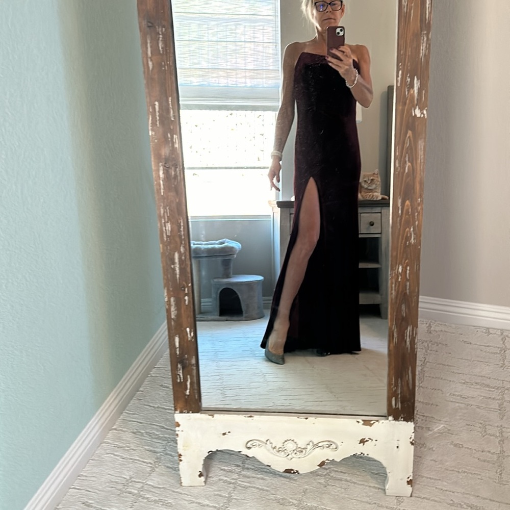 Beautiful, elegant, velvet crimson, long dress,  strapless slit side to thigh